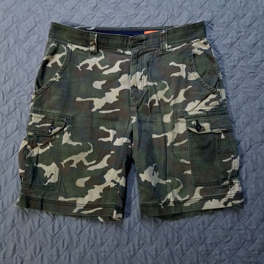 St JOHN'S Bay Cargo Shorts Mens 34 Camo Flat Front Straight Canvas Dark Wash